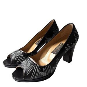 Erkan Demir Artemis Womens Embroidered Black Leather Peep Toe Pumps EU 38 US 7.5